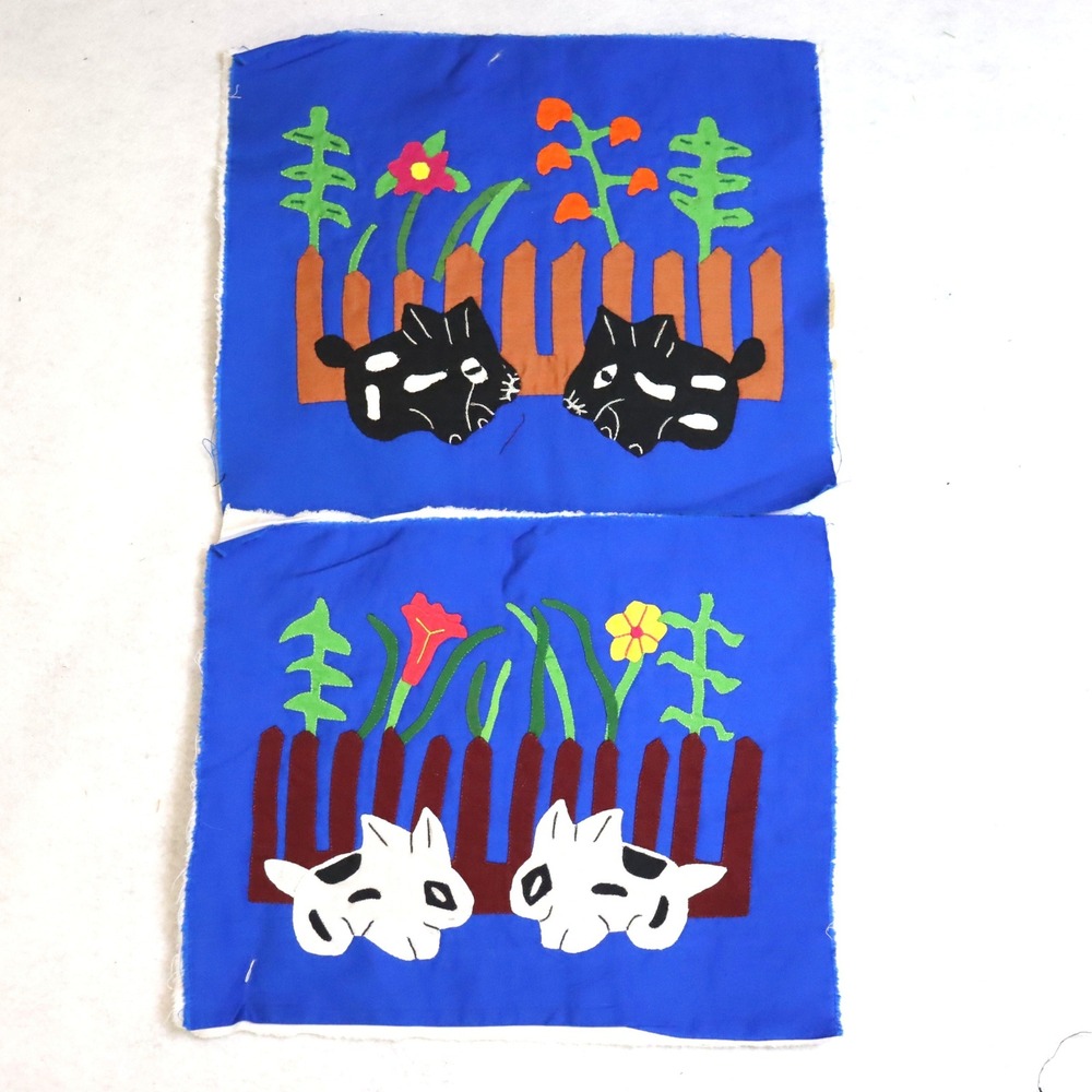 Handmade Applique Fabric Panels OS Blue Unisex Folk Art Cat Bunny Mola